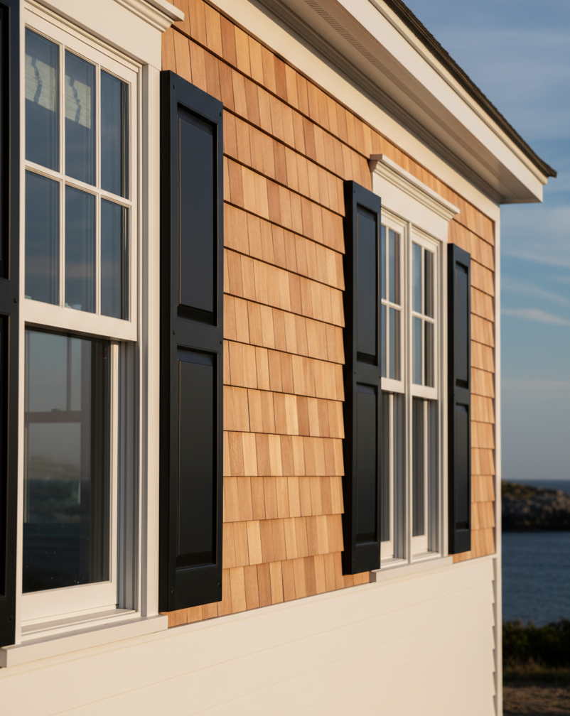 Photographic close view of freshly installed cedar and clapboard siding on a coastal Massachusetts home with white trim and black shutters, warm daylight, professional craftsmanship, no people