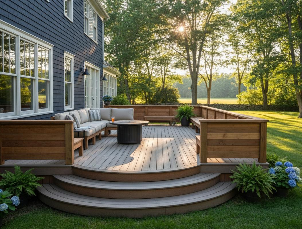 Photographic exterior of a custom-built wood deck on the back of a New England home, composite and cedar decking, railings, overlooking a green backyard, late afternoon light, professional photography.