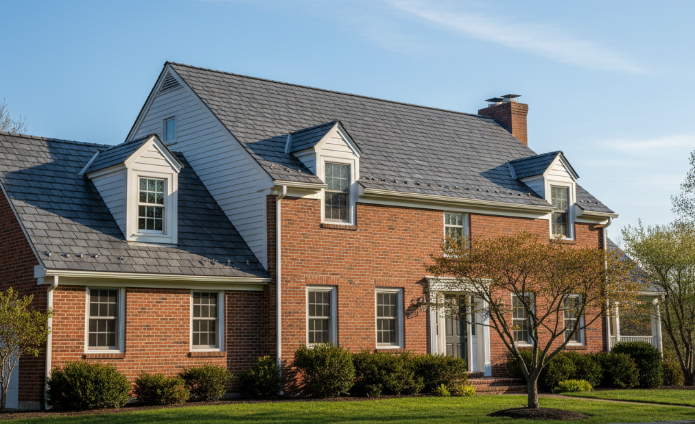 Photograph of a newly completed residential roofing project on a New England colonial home, clean architectural shingles, blue sky, professional finish. Photographic, well-lit, understated.