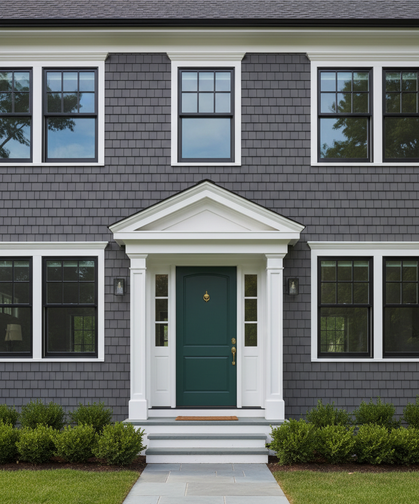 Professional photograph of new residential windows and a front entry door on a refined New England home exterior, crisp exterior carpentry and trim, natural daylight, high quality real estate photography, no people