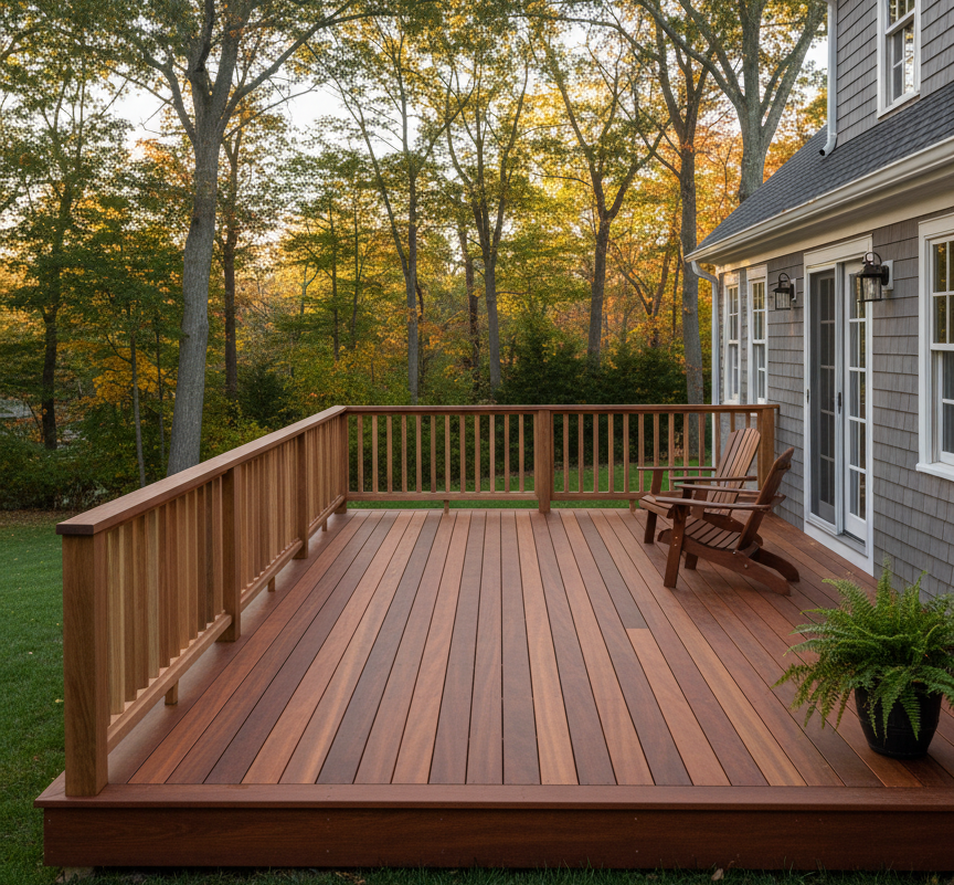 Professional photograph of a newly built wooden deck attached to a New England home, mahogany decking boards, clean railing, surrounded by trees, warm natural light. Focus on quality carpentry and finished results. No people. Photographic.